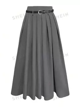 Frenchy, Юбка плиссе, завышенная талия, однотонный цвет, есть карманы, большой размер Shein, темно-серый