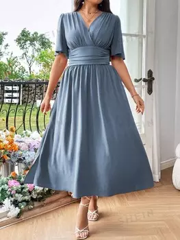 Frenchy Летнее платье больших размеров с V-образным вырезом и подтянутой талией Shein, синий