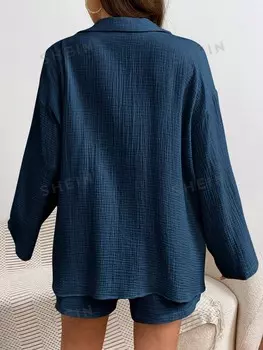 Frenchy Однотонная рубашка больших размеров со сложенными рукавами, комплект из рубашки и шорт Shein, темно-синий