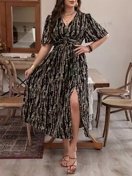 Frenchy Платье больших размеров, перекрещенное крест-накрест, с завязкой на талии, узором с высокими разрезами и узкой талией Shein, мультиколор