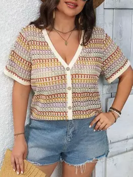 Frenchy Повседневная рубашка больших размеров в праздничную полоску с короткими рукавами и цветными блоками Shein, мультиколор