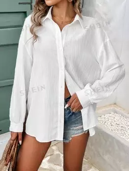 Frenchy Рубашка с длинным рукавом, повседневная одежда, нижний край, ажурное оформление, Женская, осень, простой стиль, для работы, минимализм Shein, белый
