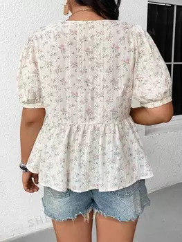 Frenchy Женская повседневная рубашка с цветочным принтом, круглым вырезом, короткими рукавами, рюшами по краю и завязкой спереди, летняя Shein, мультиколор