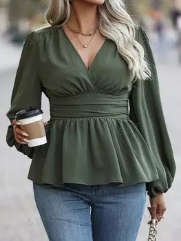 Frenchy Женская рубашка больших размеров с талией и воротником с запахом Shein, темно-зеленый