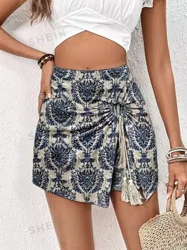 Frenchy Женские пляжные шорты со складками и завязками наряд для летних каникул Shein, мультиколор