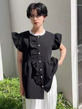 FRIFUL Женская однотонная кружевная куртка без рукавов с рюшами, черный цвет