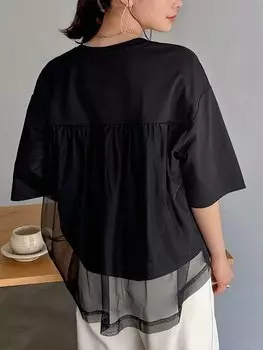 FRIFUL Женская повседневная футболка свободного кроя с круглым вырезом. Пэчворк с сеткой и заниженной линией плеч, черный цвет