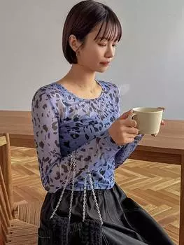 FRIFUL Женский топ, полупрозрачная сетка, с длинными рукавами и круглым вырезом, 1 шт, цвет синий