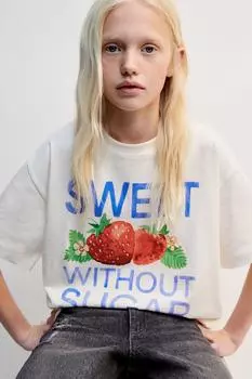 Фруктовая футболка ZARA, экрю