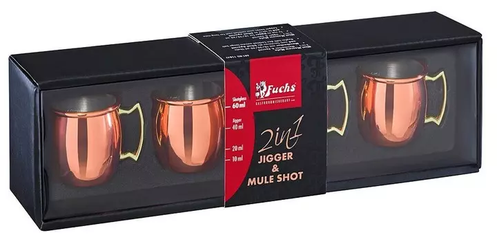 Fuchs Catering Supplies Mini Moscow Mule Рюмки Джиггер для стопок, 60 мл, медный вид, с внутренней градуировкой, 10-20-40 мл, упаковка из 4 шт, медь