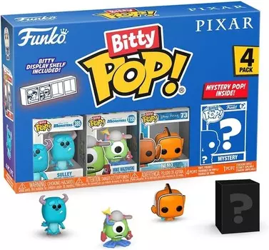 Funko POP! Pixar Bitty Pop, 4 упаковки, 2,5 см, Monsters Inc. Салли Майк Немо