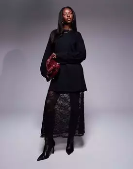 Футболка 2 в 1 ASOS DESIGN с кружевным платьем миди юбкой - ЧЕРНЫЙ