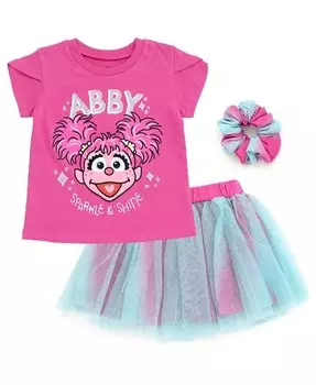 Футболка Abby Cadabby для маленьких девочек, юбка из тюлевой сетки и резинка для волос, комплект из трех предметов, фиолетовый/синий Sesame Street, фиолетовый