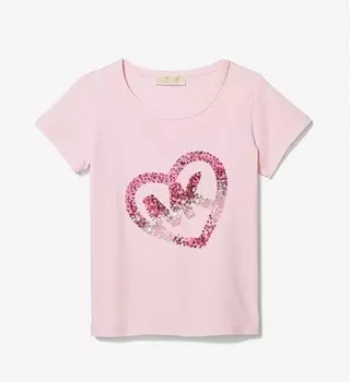 Футболка эластичная с логотипом и сердцем с блестками Michael Kors Kids Stretch Cotton Sequined Logo Heart, розовый