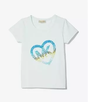 Футболка эластичная с логотипом и сердцем с блестками Michael Kors Kids Stretch Cotton Sequined Logo Heart, светло-синий