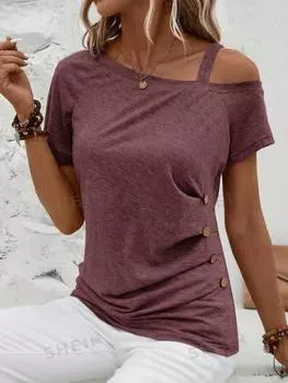 Футболка асимметричная Shein Clasi с пуговицами, бордовый