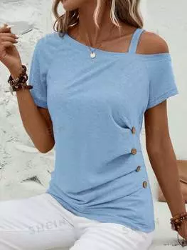 Футболка асимметричная Shein Clasi с воротником и пуговицами, голубой