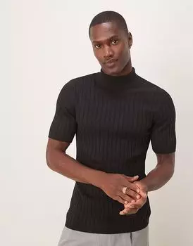 Футболка ASOS DESIGN muscle fit из трикотажной рубчатой ткани с высоким воротом черного цвета
