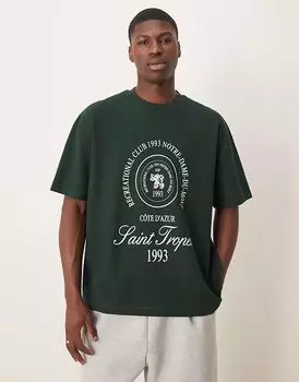 Футболка ASOS DESIGN oversize из плотной вафельной ткани плотностью 230 г/м с изображением города темно-зеленого цвета