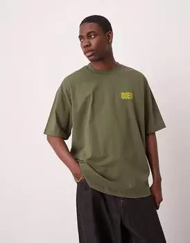Футболка ASOS DESIGN oversize с принтом на груди цвета хаки