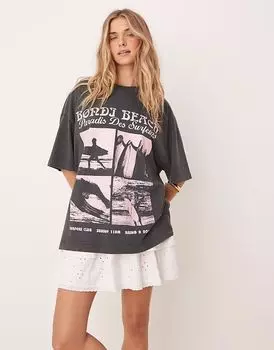 Футболка ASOS DESIGN oversize с принтом серфинга на пляже Бонди в стираном угольном цвете
