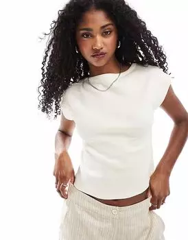 Футболка ASOS DESIGN с широким вырезом и отделкой в рубчик, молочного цвета