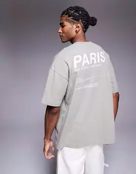 Футболка ASOS DESIGN свободного кроя с надписью Paris серо-зеленого цвета