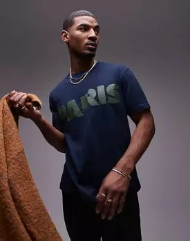 Футболка экстремально свободного кроя с принтом Парижа в темно-синем цвете Topman