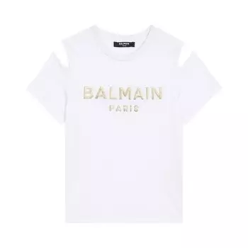 Футболка Balmain Kids Logo Printed Cold Shoulder T-Shirt, белый