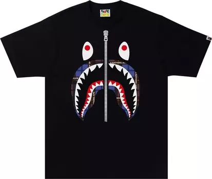 Футболка BAPE Logo Check Shark Tee 'Black/Blue', черный