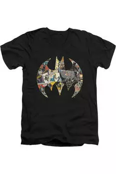 Футболка Batman Collage Shield с коротким рукавом и V-образным вырезом для взрослых из хлопка премиум-класса Gildan, черный