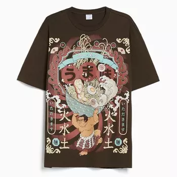 Футболка Bershka Print Boxy Fit Short Sleeve, коричневый/мультиколор