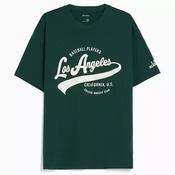 Футболка Bershka Print Boxy Fit Short Sleeve, зеленый