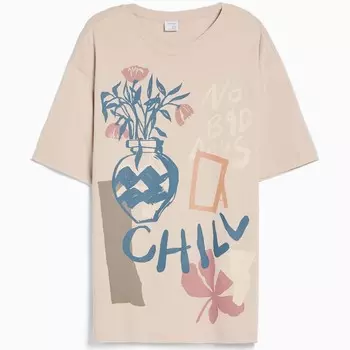 Футболка Bershka Print Easy Fit Short Sleeve, розовато-бежевый