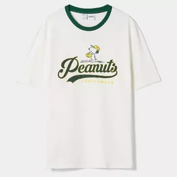 Футболка Bershka Snoopy Print With Short Sleeve, белый