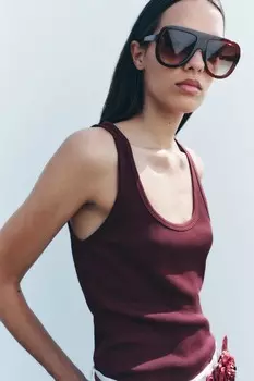 Футболка без рукавов из хлопка в рубчик ZARA, цвет Wine