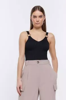 Футболка без рукавов в рубчик с металлическими элементами River Island, черный