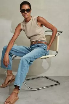 Футболка без рукавов в рубчик со сборкой на талии Reiss, коричневый