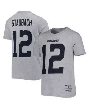 Футболка Big Boys Roger Staubach Heathered Grey Dallas Cowboys в стиле ретро с именем и номером игрока Mitchell & Ness, серый