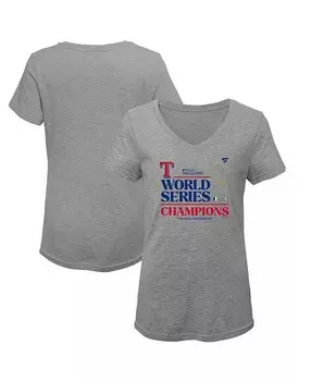 Футболка Big Girls Heather Grey Texas Rangers с изображением чемпионов Мировой серии 2023 в раздевалке Fanatics, серый