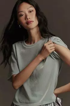 Футболка блестящая Anthropologie с короткими рукавами, небесный