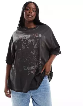 Футболка бойфренда ASOS DESIGN Curve – размытого угля с графическим принтом в стиле рок Punk Rich