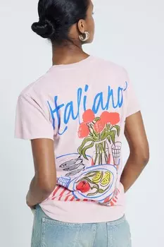 Футболка бойфренда из 100% хлопка с итальянским принтом на спине River Island, розовый