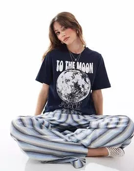Футболка бойфренда ONLY с рисунком луны в темно-синем цвете