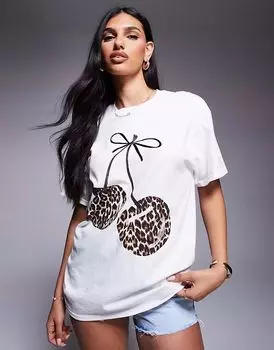 Футболка бойфренда River Island с леопардовым принтом и вишневым принтом белого цвета