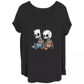 Футболка больших размеров для юниоров The Simpsons Bart and Lisa Skeletons C2 с V-образным вырезом и рисунком Licensed Character