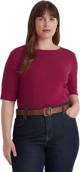 Футболка больших размеров из эластичного хлопка с вырезом «лодочкой» LAUREN Ralph Lauren, цвет Fuchsia Berry