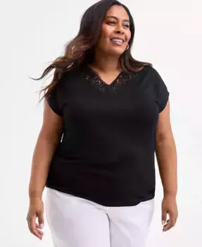 Футболка больших размеров с кружевной отделкой, V-образным вырезом и короткими рукавами Style & Co, черный