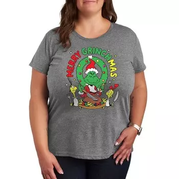 Футболка больших размеров с рисунком Доктора Сьюза Merry Grinchmas Licensed Character, цвет Heather Gray