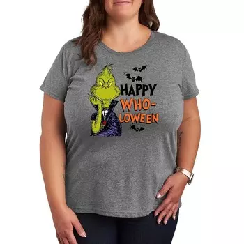 Футболка больших размеров с рисунком Dr. Seuss Grinch Happy Who-Loween Licensed Character, цвет Heather Gray